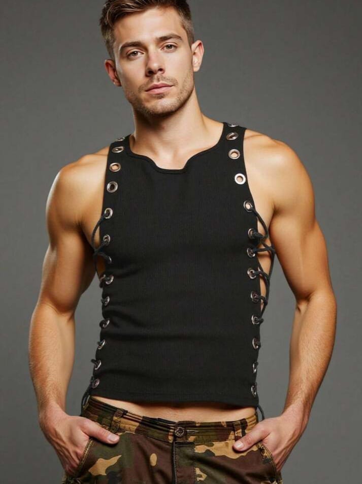 Men's Solid Color Eyelet Lace-Up Tank Top
